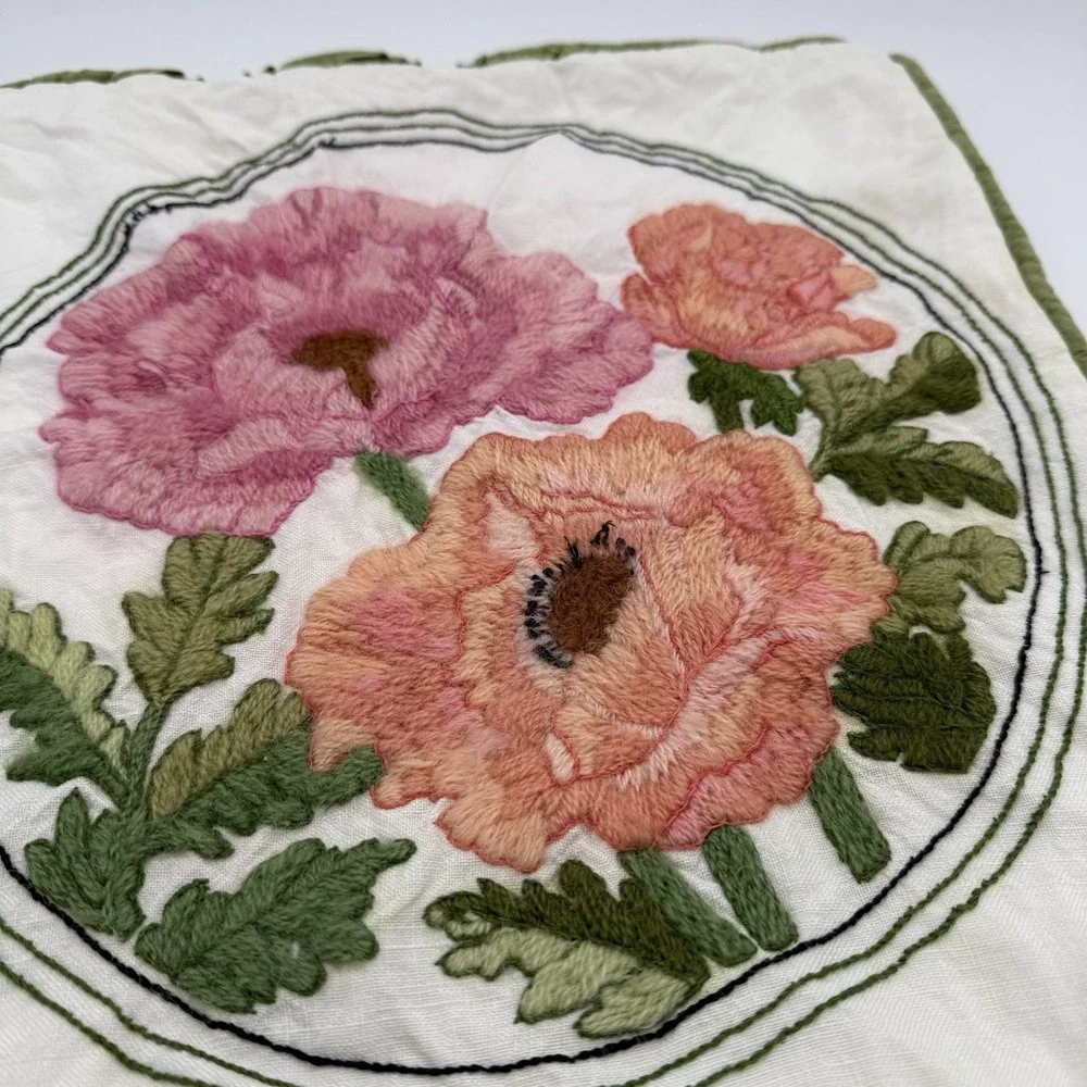 Vrg 80s Current Completed Embroidery Pillow Case Floral Poppies 16x16 Grannycore